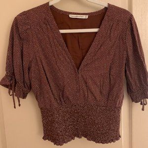 Abercrombie Short Sleeve Smocked Waist Blouse - Rust Brown and White